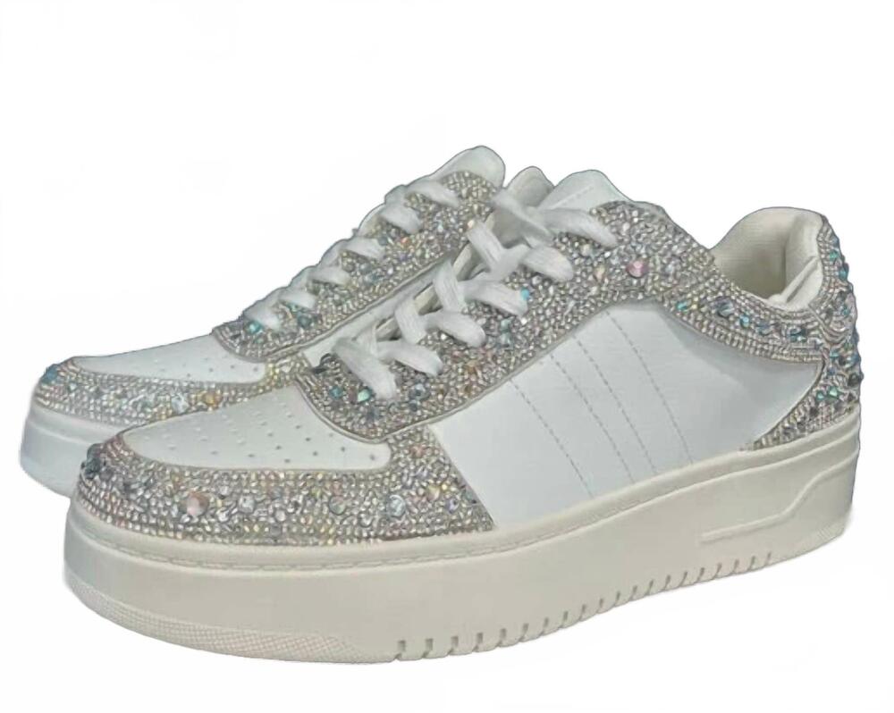 NEW HEY GIRL BY CORKYS women's clear rhinestone sneakers in white